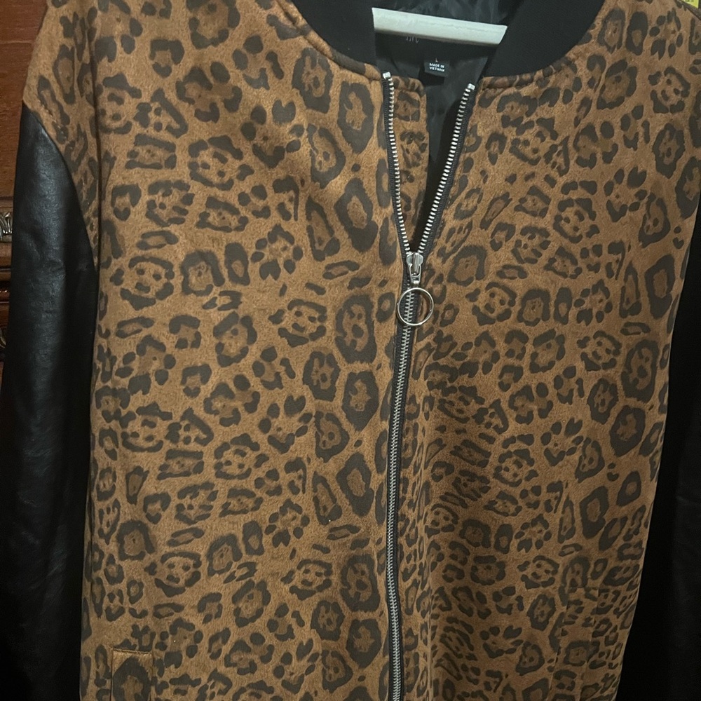 INC International Concepts Brown and Black Bomber Jacket with Leopard Print
